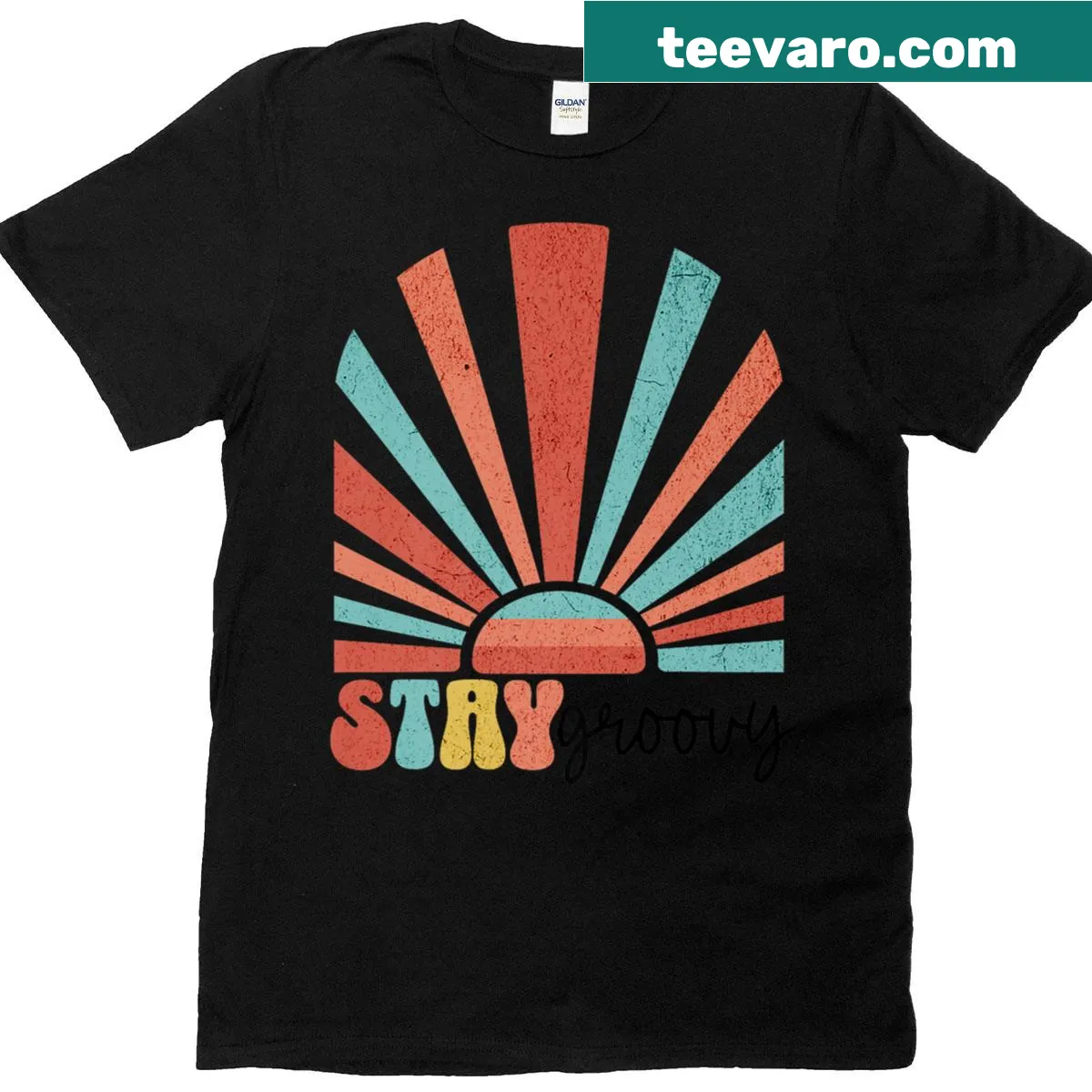 Vintage-style T-shirt with retro hippie and sunny design — on a men's t-shirt