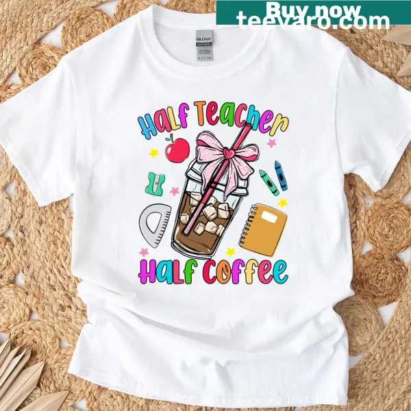 T-shirt with coffee and teacher theme, featuring a cute bow