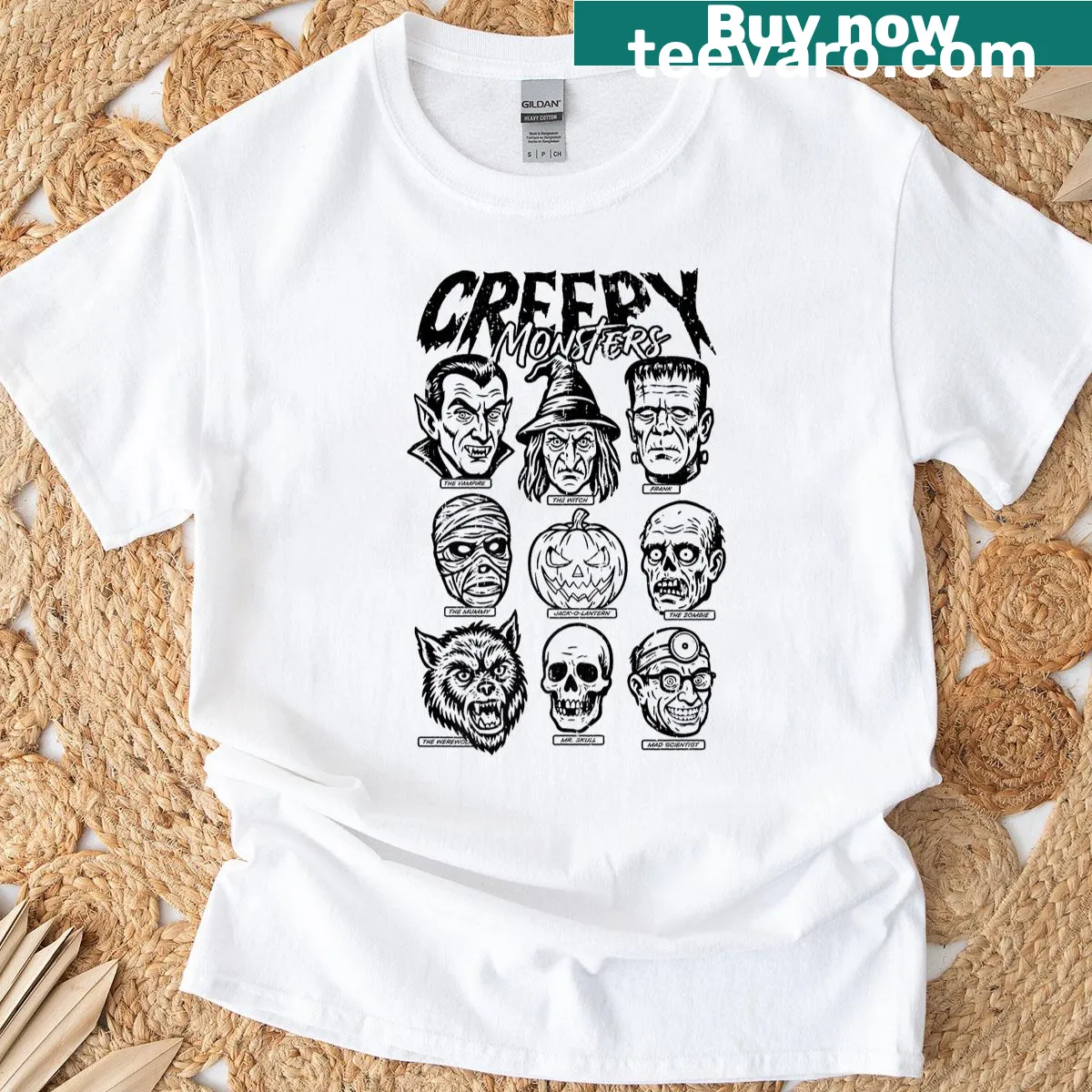 Cartoon monsters Halloween t-shirt featuring mummy and skeleton designs — on a men's t-shirt