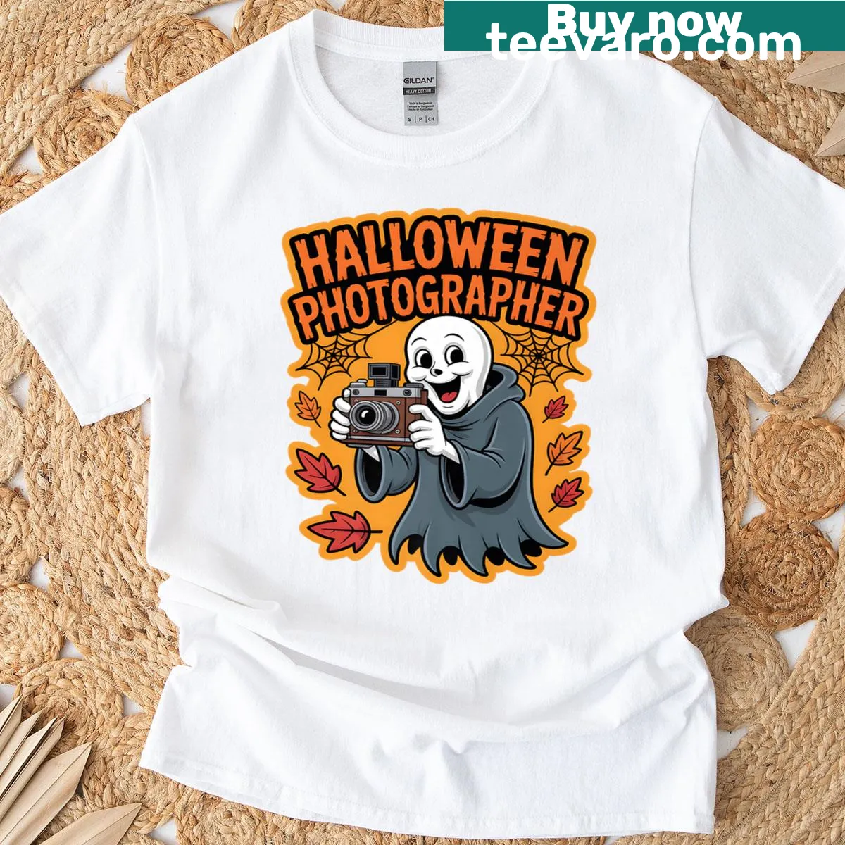 Funny ghost camera t-shirt featuring a whimsical ghost illustration — on a men's t-shirt