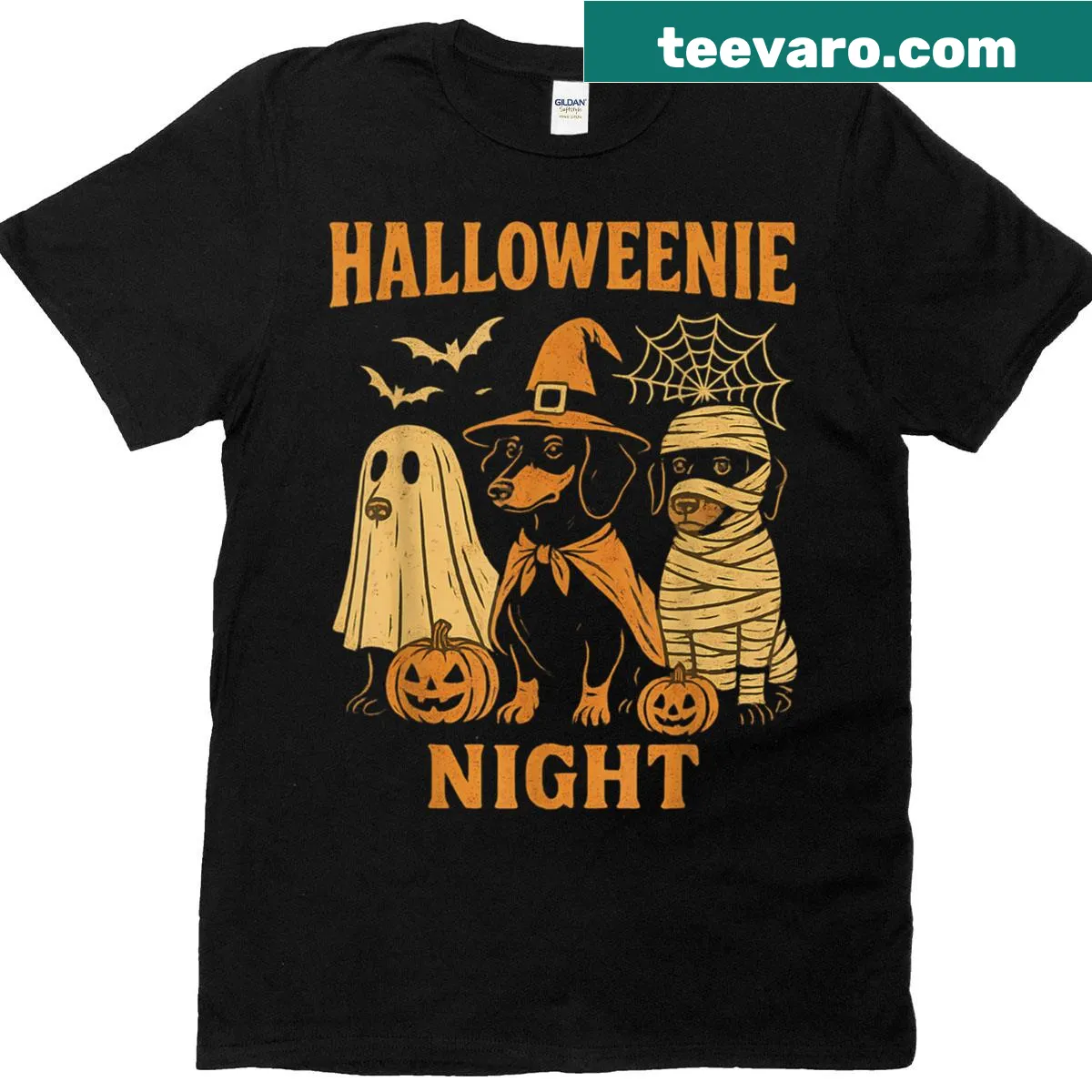 Funny Halloween-themed dachshund graphic T-shirt — on a men's t-shirt