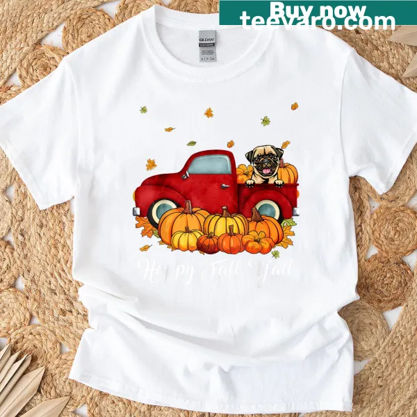 Fall-themed T-shirt with a pug in a truck and pumpkins