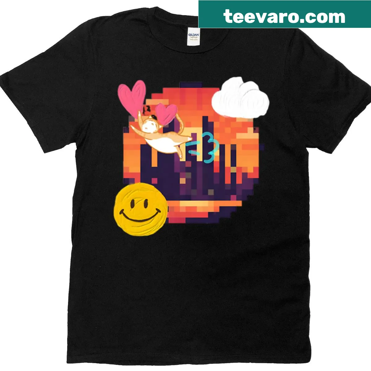 Pixel art t-shirt featuring a happy adventure cat — on a men's t-shirt