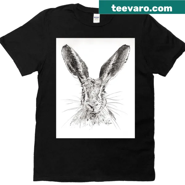 Intricate pen and ink illustration of a hare on a T-shirt