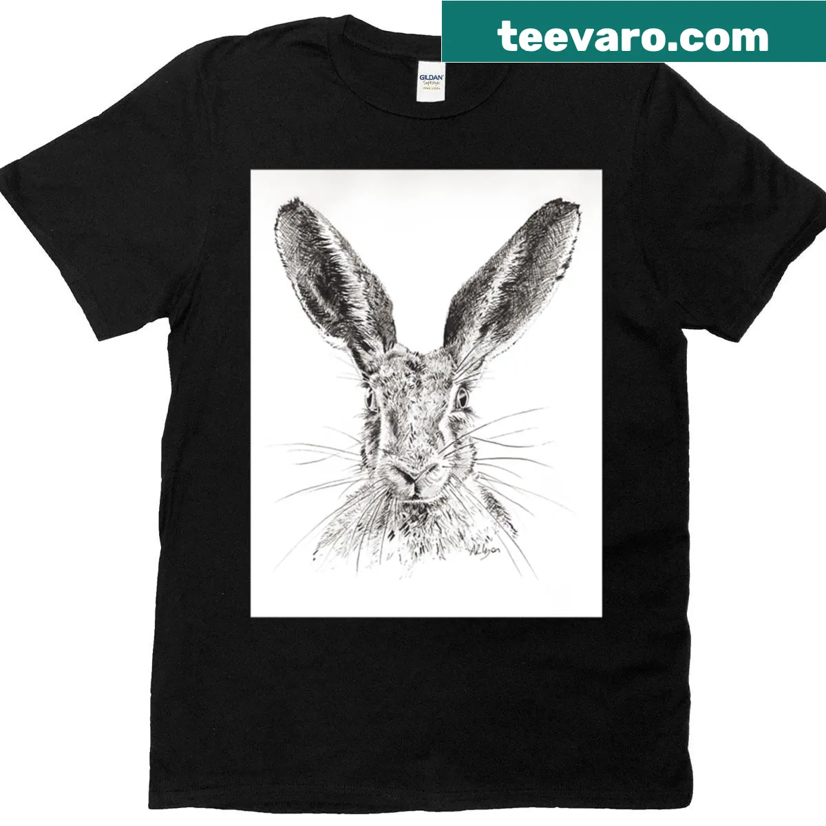 Intricate pen and ink illustration of a hare on a T-shirt — on a men's t-shirt