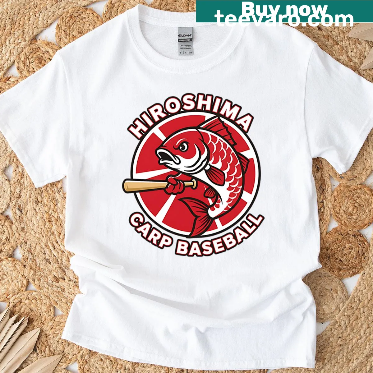 Typography design featuring Hiroshima Carp baseball team name on a t-shirt — on a men's t-shirt