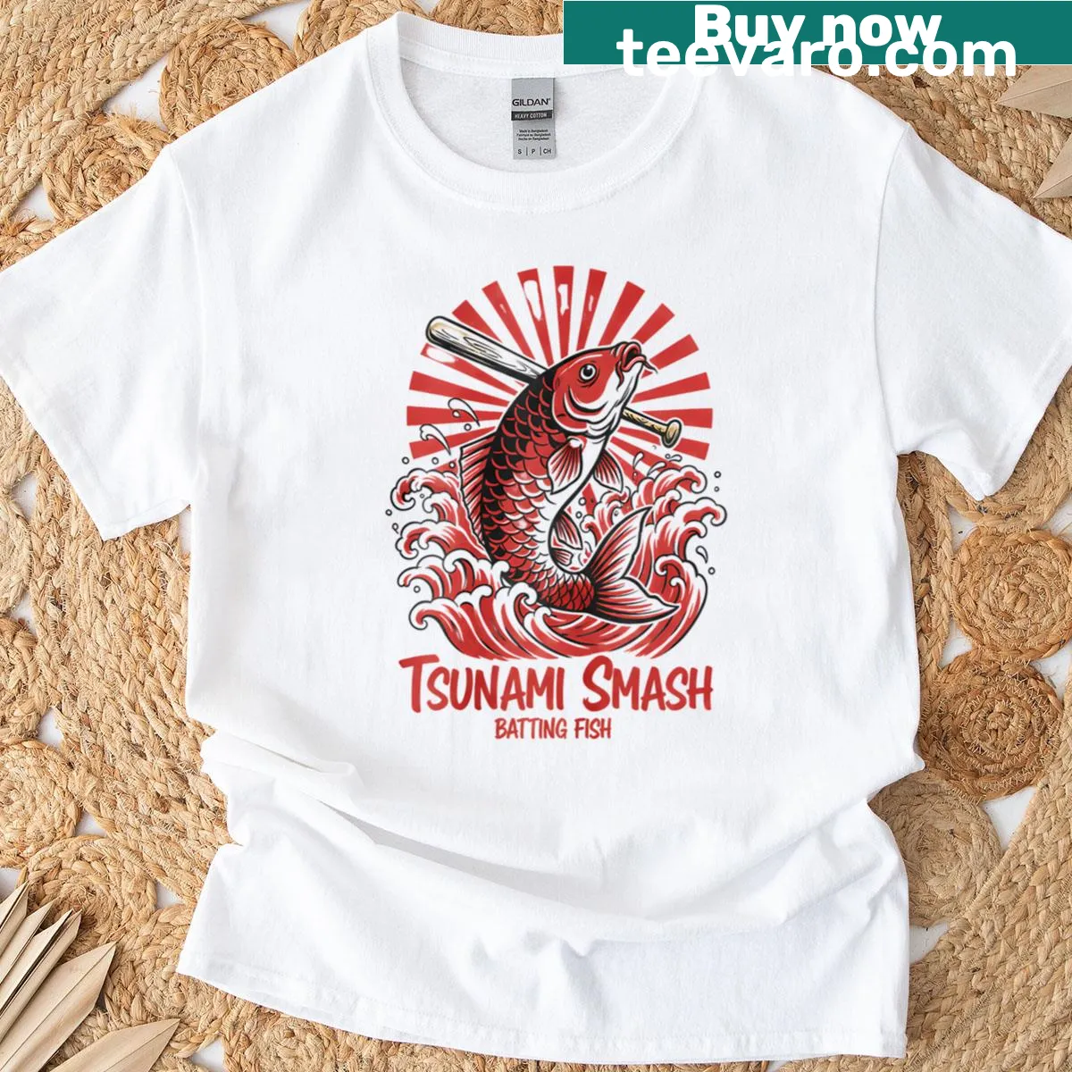 Funny baseball T-shirt with Hiroshima Carp and fish design — on a men's t-shirt