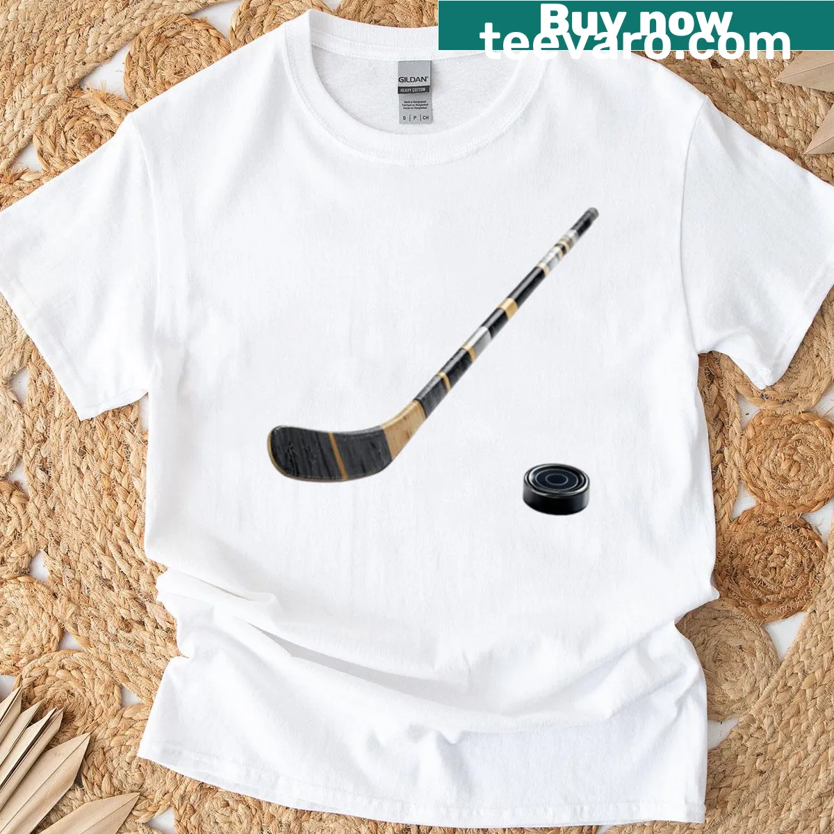 Crossed hockey sticks and puck graphic for ice hockey enthusiasts — on a men's t-shirt