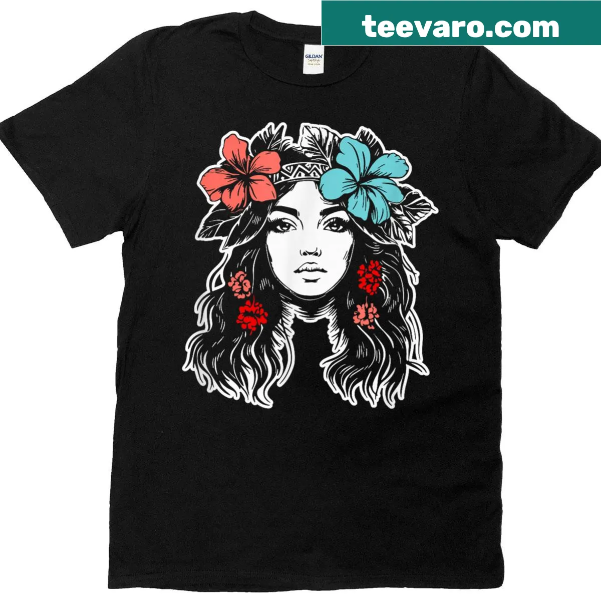 T-shirt with hula dancer and hibiscus illustration celebrating Hawaiian culture — on a men's t-shirt
