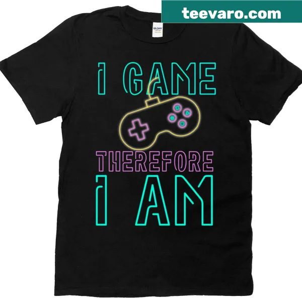 Neon T-shirt with the phrase 'I Game Therefore I Am' in playful typography