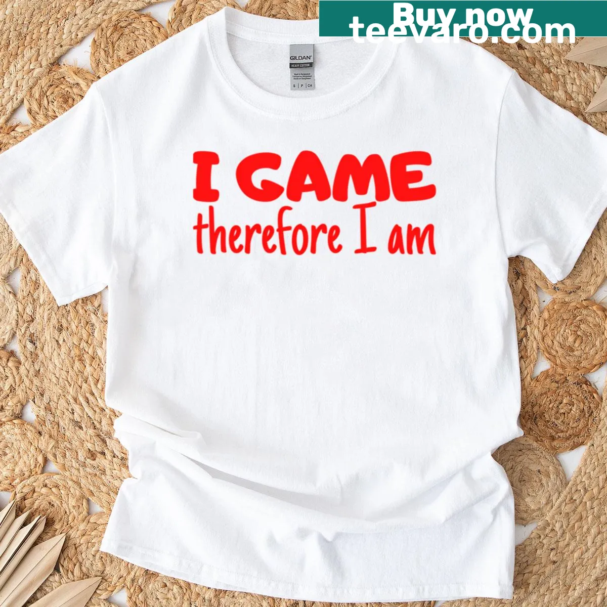 Red gaming T-shirt with the phrase I Game Therefore I Am — on a men's t-shirt