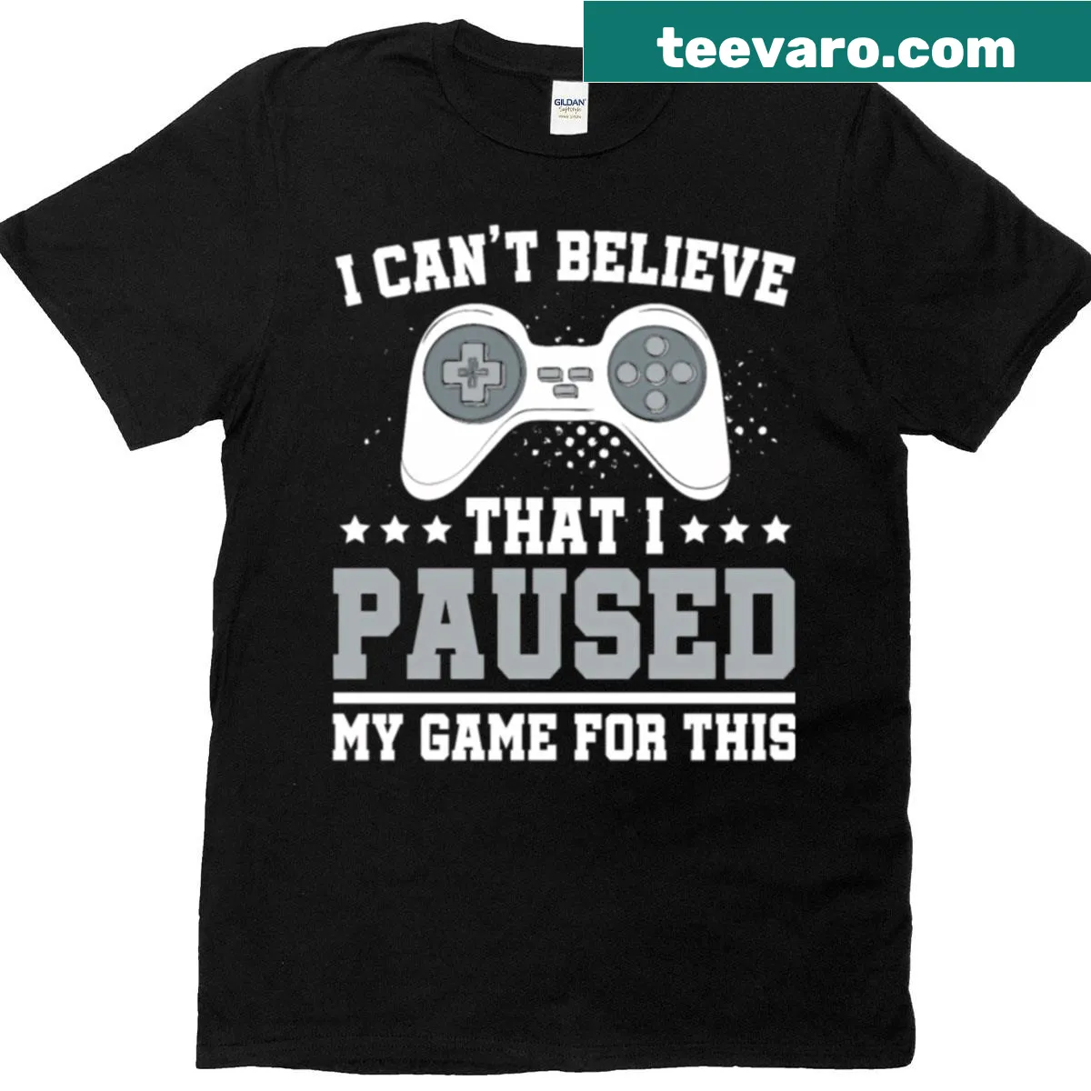 Funny gaming t-shirt with text about pausing games — on a men's t-shirt