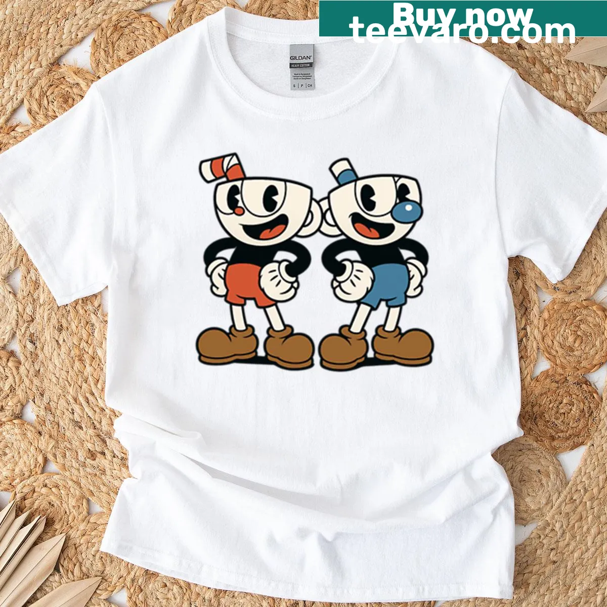 Cuphead themed t-shirt showcasing indie game graphics — on a men's t-shirt