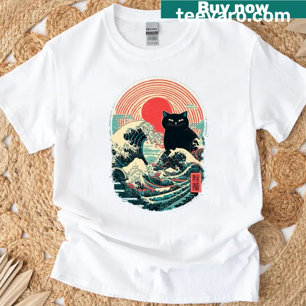 Vintage design featuring Japanese wave art and a black cat silhouette
