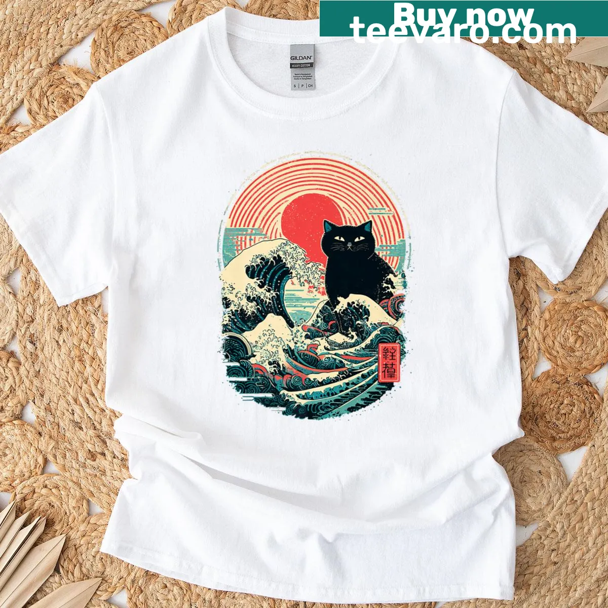 Vintage design featuring Japanese wave art and a black cat silhouette — on a men's t-shirt