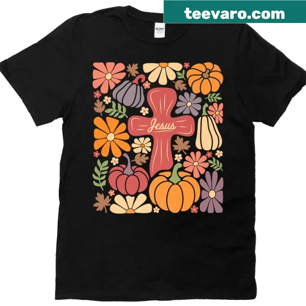 Retro T-shirt featuring a Jesus cross with boho pumpkin and flower graphics