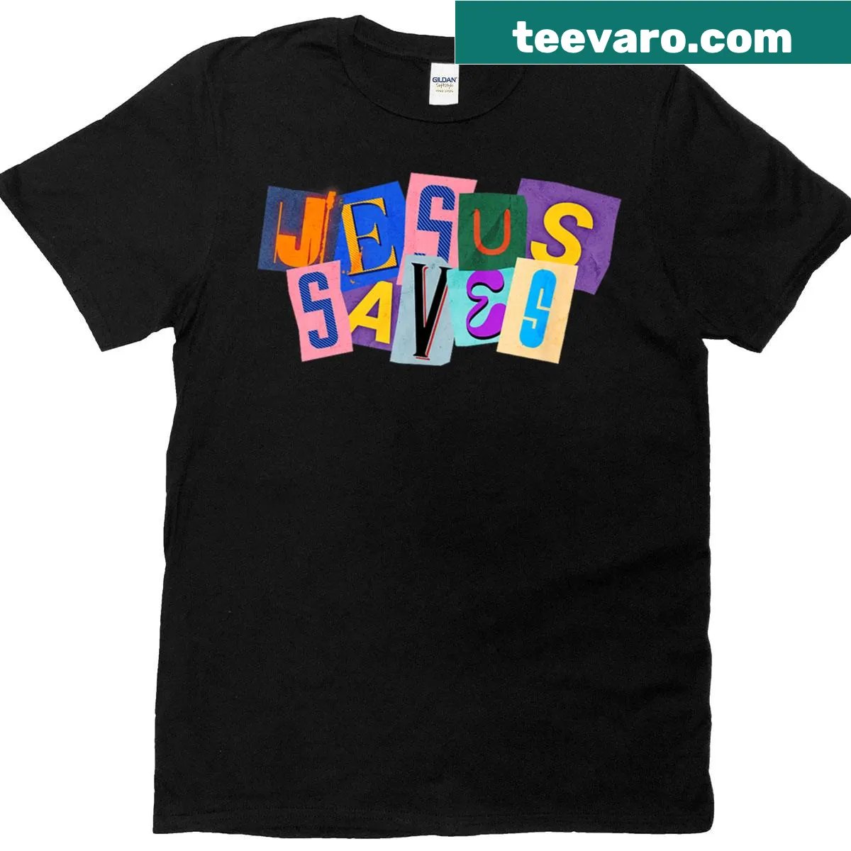 Ransom letter graphic T-shirt stating 'Jesus Saves' — on a men's t-shirt