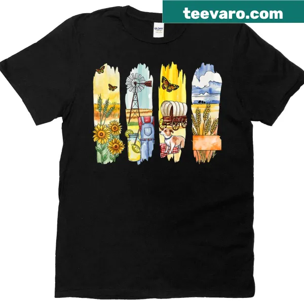 Retro T-shirt with brushstroke design of sunflowers and windmill
