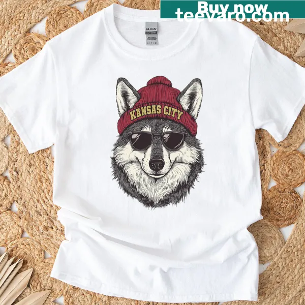 Funny Kansas City football fan T-shirt with cartoon wolf design.