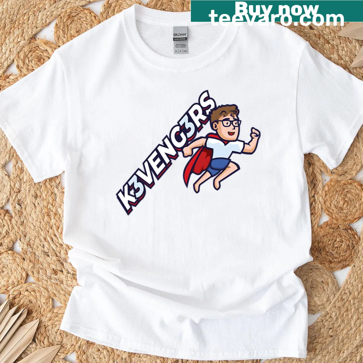 Oversized T-shirt featuring the playful Kevengers logo. — on a men's t-shirt