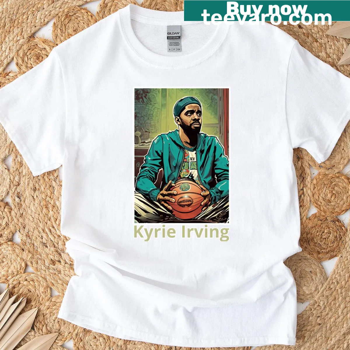 Illustration of Kyrie Irving celebrating basketball victory — on a men's t-shirt