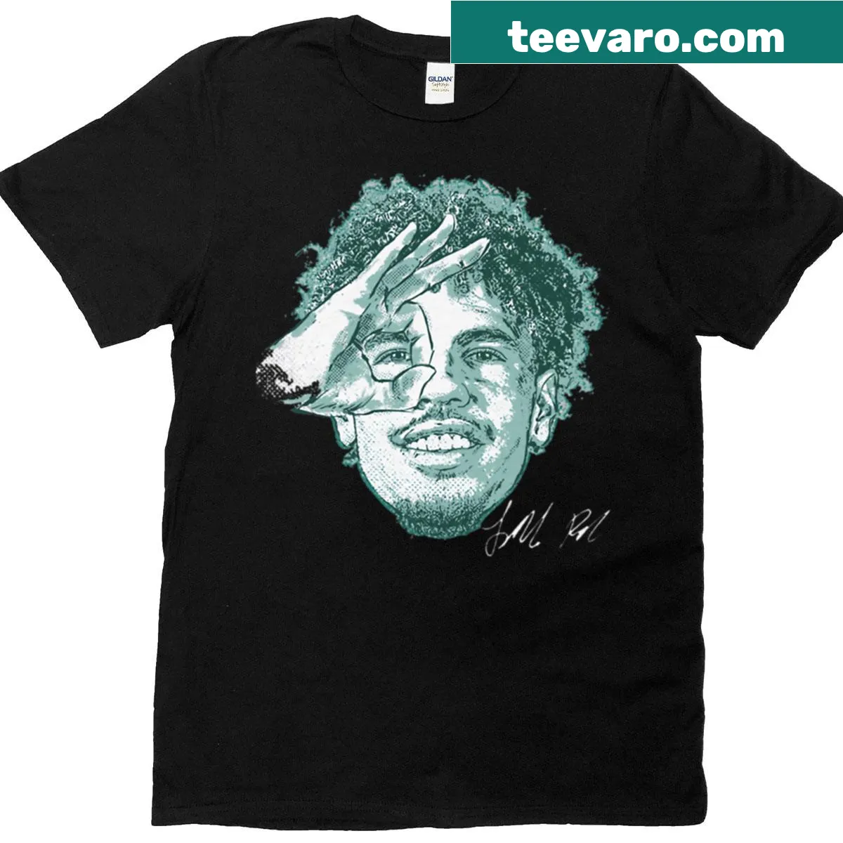Illustrated Lamelo Ball t-shirt with three hands design — on a men's t-shirt