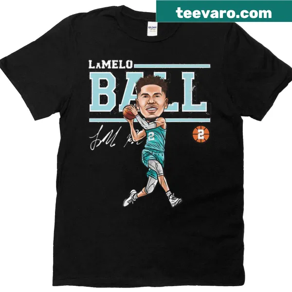 Cartoon T-shirt of LaMelo Ball in action.