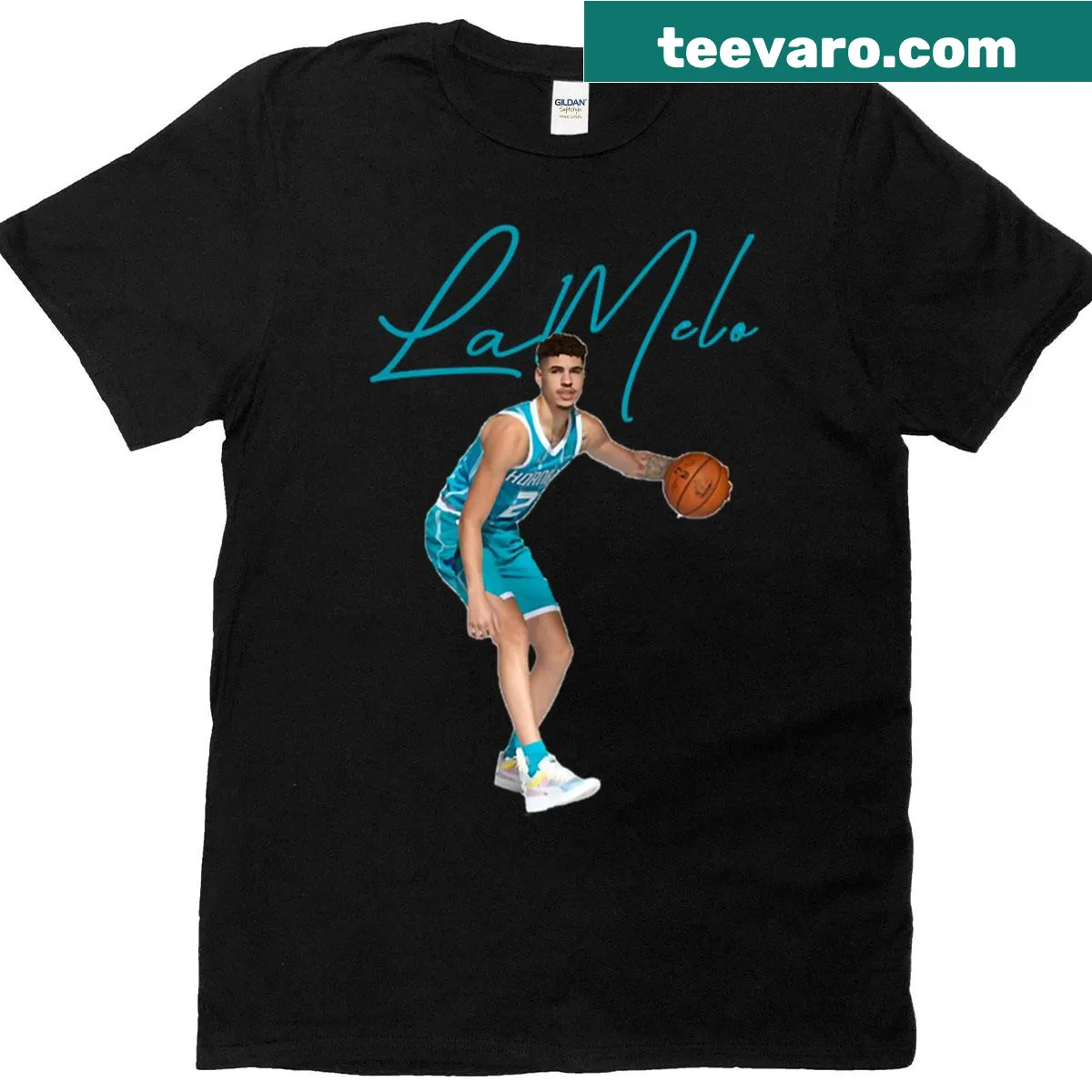 Lamelo Ball Charlotte Hornets t-shirt with basketball-themed graphics — on a men's t-shirt