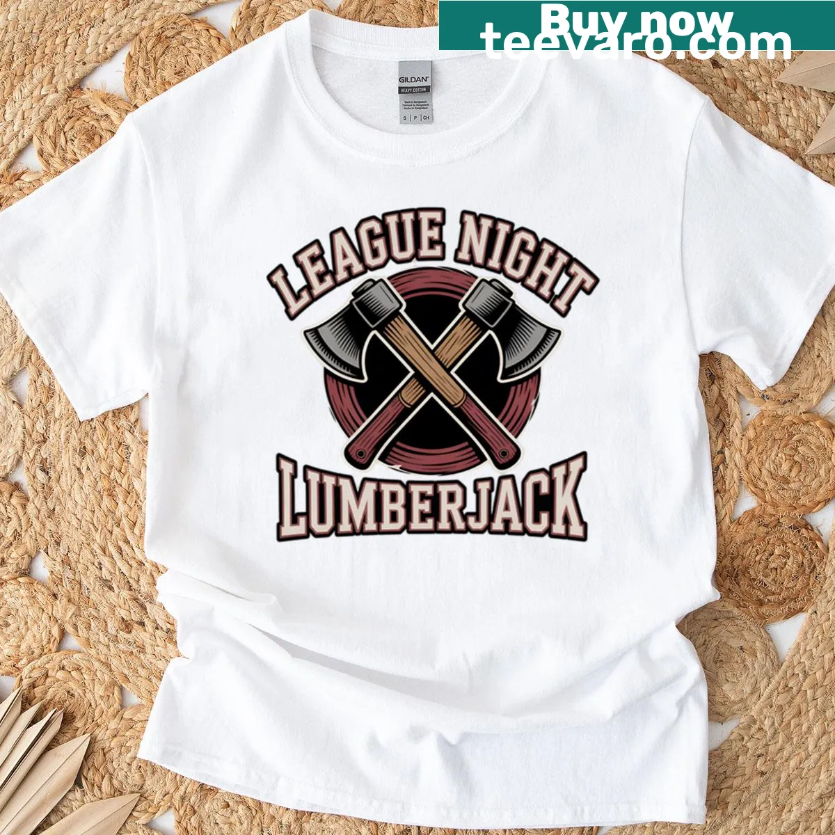 Badge design with crossed hatchets for league night enthusiasts — on a men's t-shirt