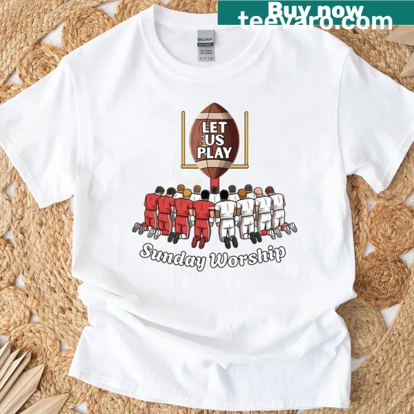Illustrative t-shirt with football and Sunday worship theme.