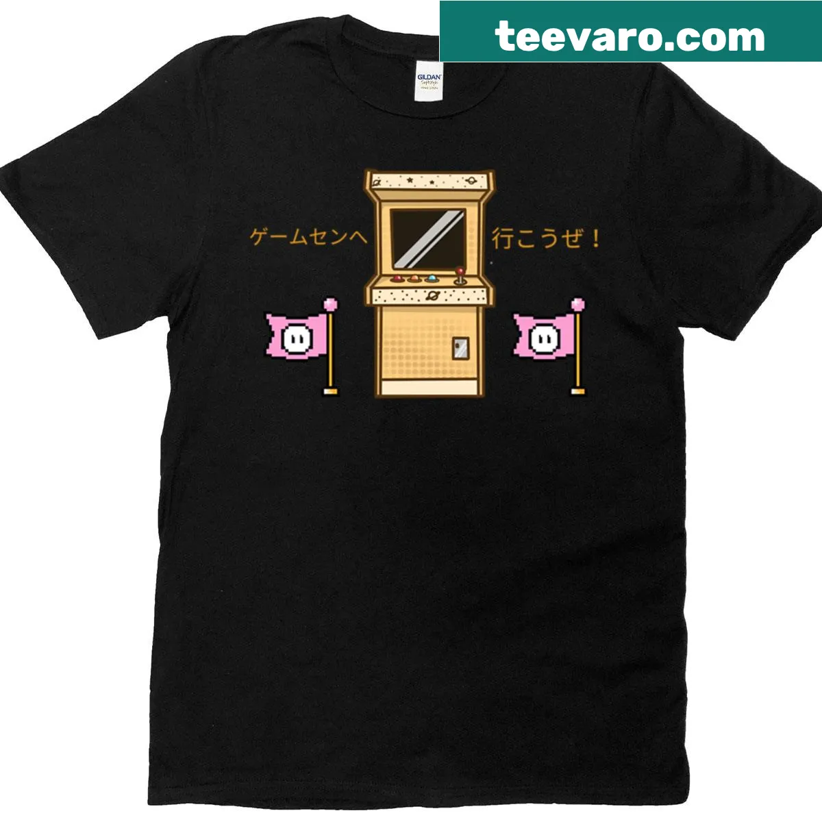 Playful arcade gaming T-shirt with Japanese text design — on a men's t-shirt