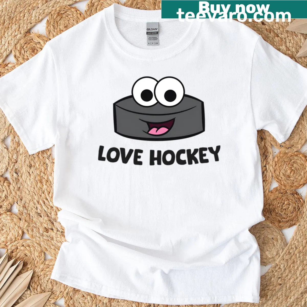 T-shirt displaying text expressing love for hockey — on a men's t-shirt