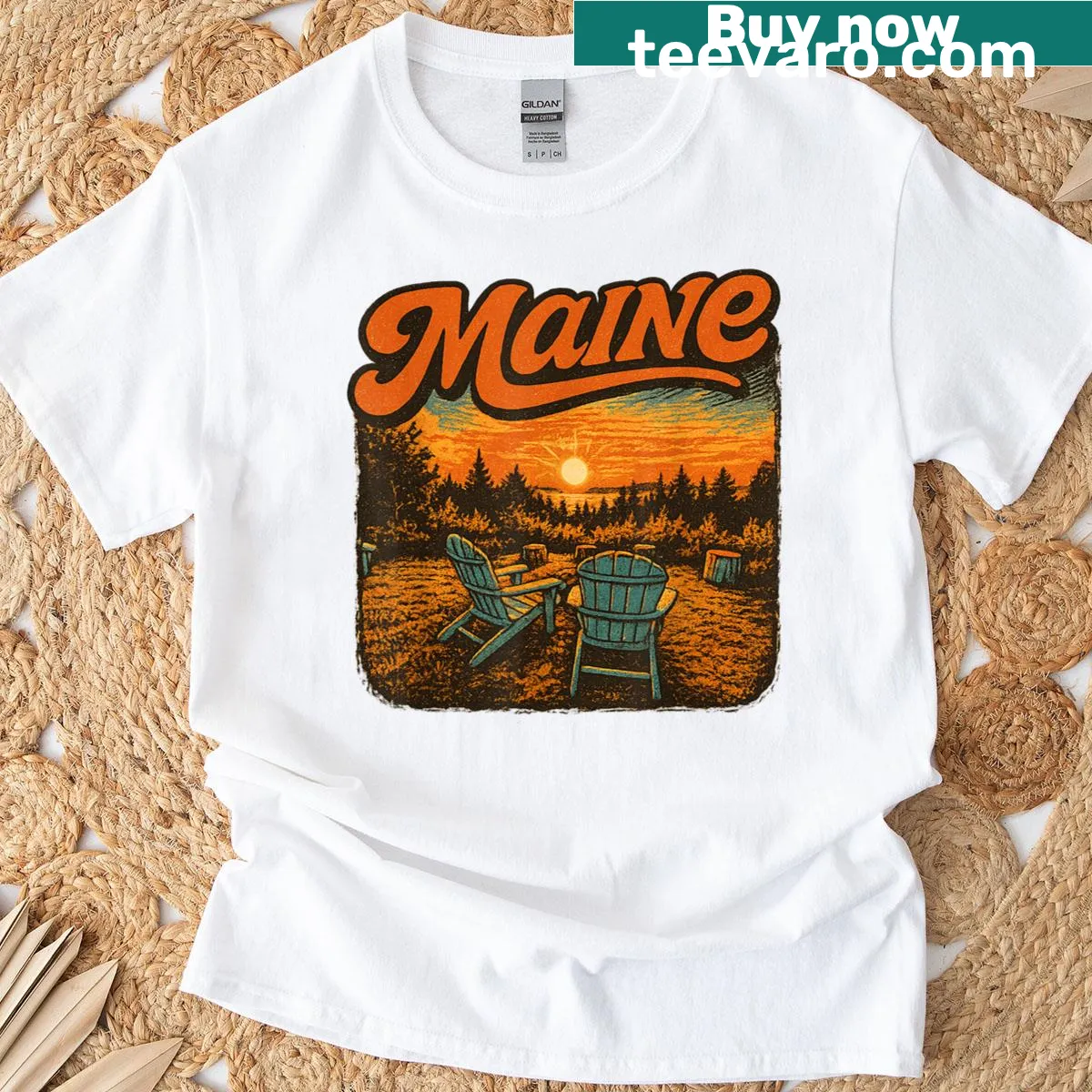 Retro t-shirt featuring Adirondack chairs and beach sunset design — on a men's t-shirt