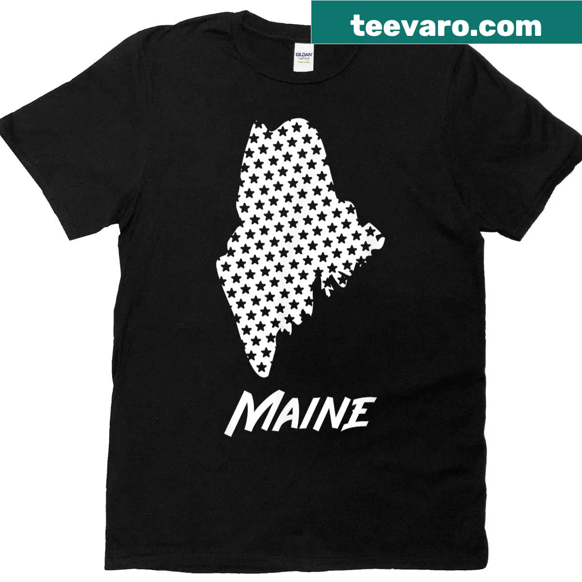 Vintage Maine USA state outline t-shirt with stars — on a men's t-shirt