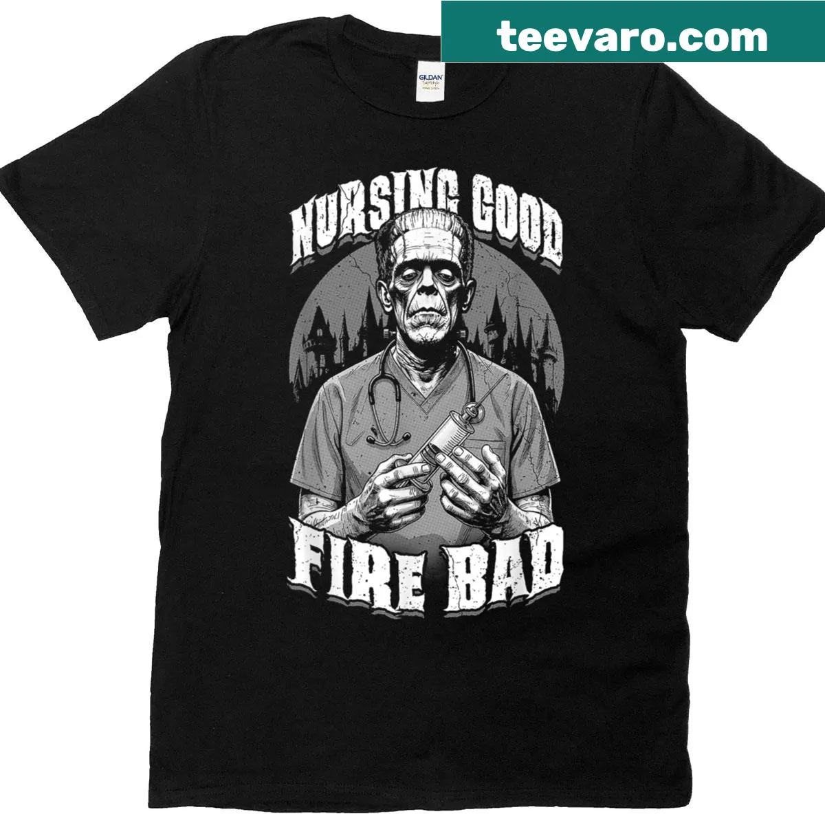 Frankenstein nurse cartoon with Halloween theme and humorous text — on a men's t-shirt