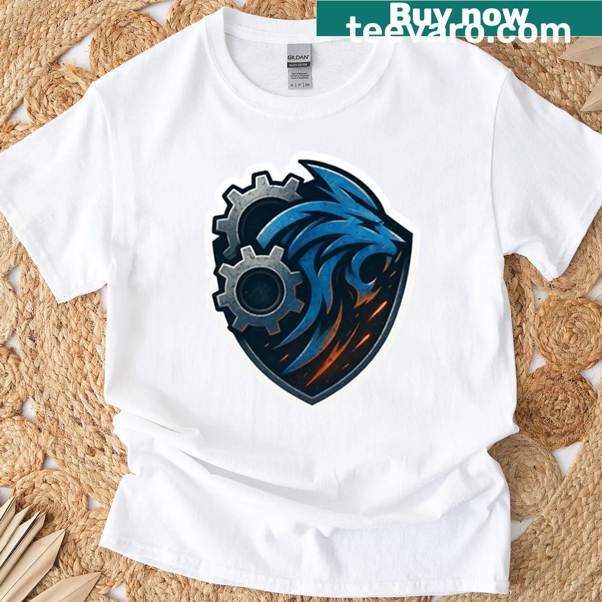 T-shirt featuring a mechanical lion emblem graphic — on a men's t-shirt