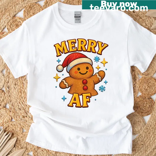 Gingerbread man with Santa hat on a holiday-themed t-shirt