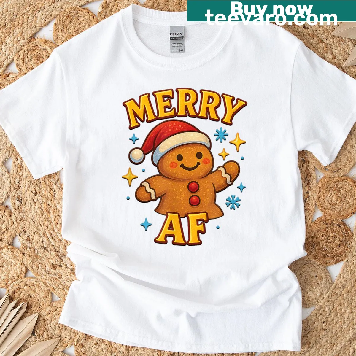 Gingerbread man with Santa hat on a holiday-themed t-shirt — on a men's t-shirt