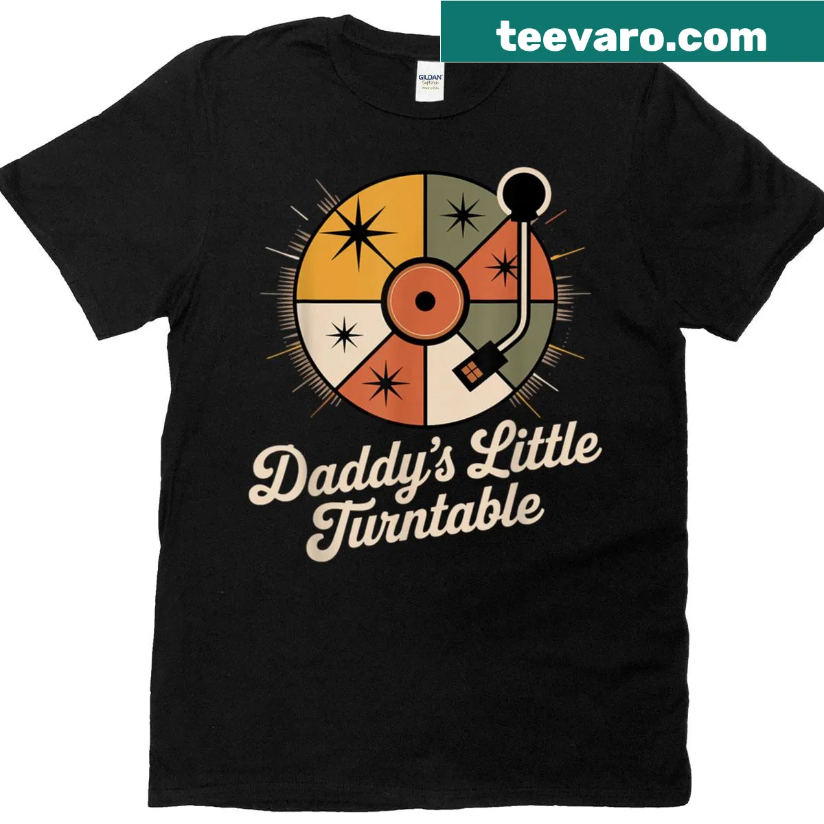 Vintage-style t-shirt featuring a turntable design celebrating music — on a men's t-shirt
