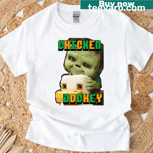 Cartoon Chicken Jockey graphic from Minecraft on a T-shirt