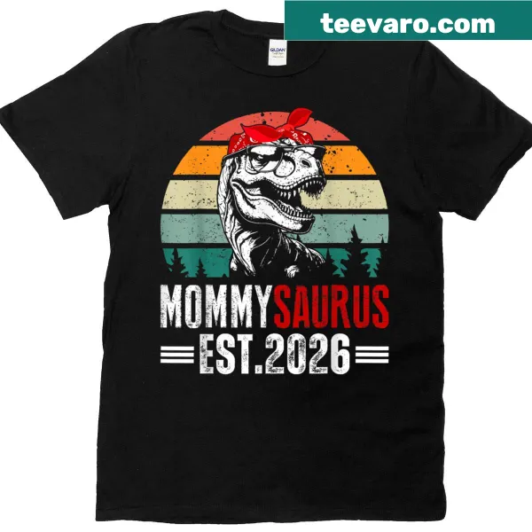 Cute T-shirt with Mommysaurus Est 2026 design for pregnancy announcement