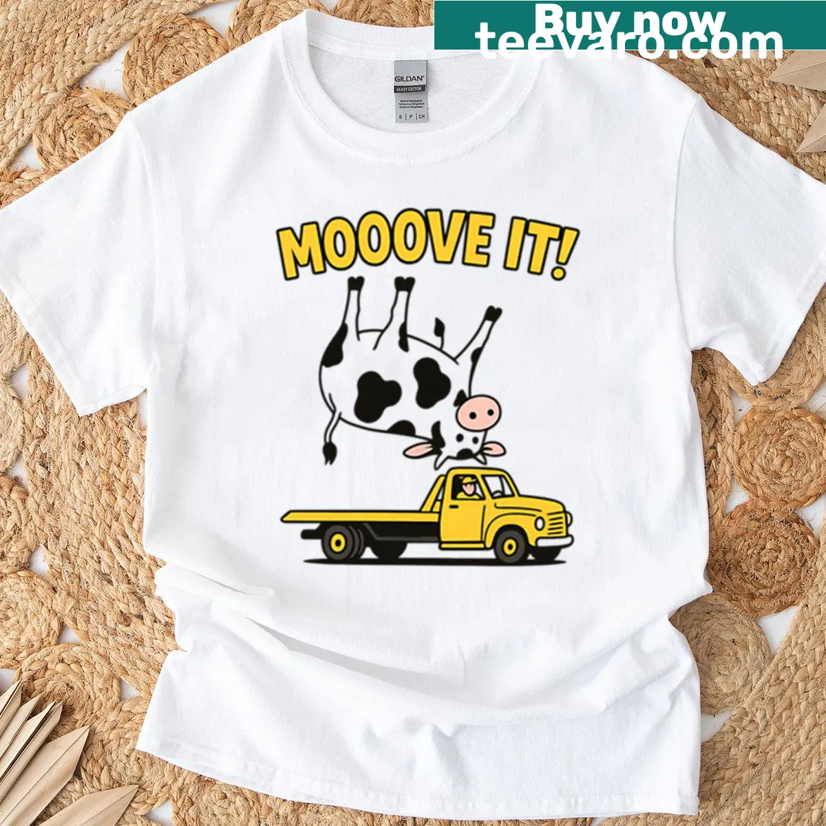 Playful cow illustration with pun on a T-shirt — on a men's t-shirt