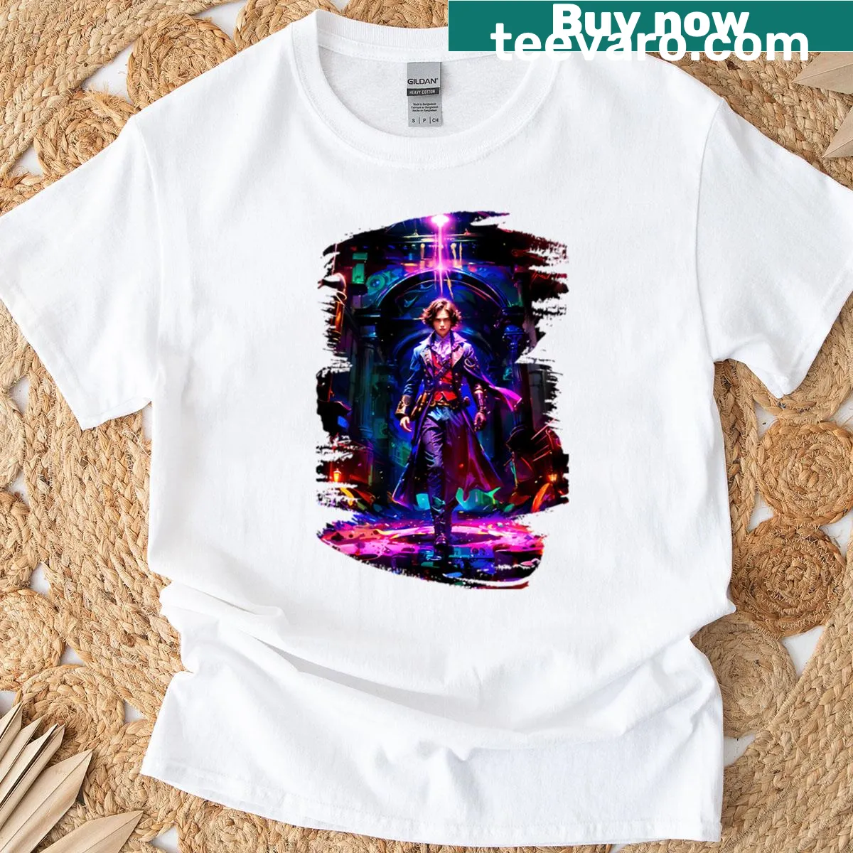 Imaginative fantasy graphic T-shirt inspired by video games — on a men's t-shirt