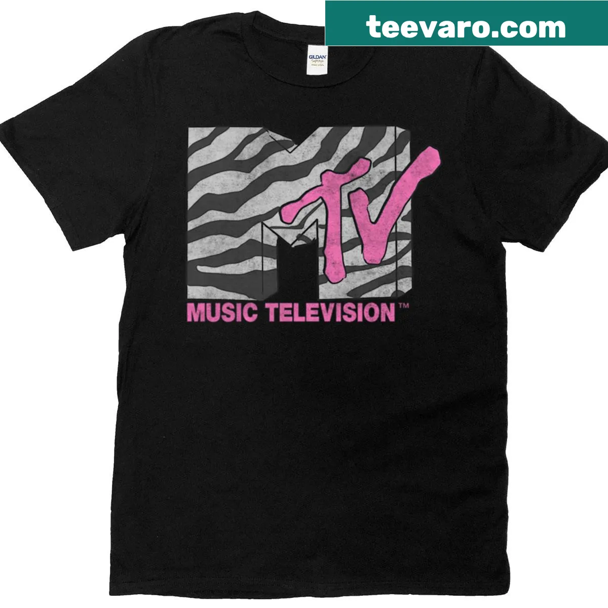Retro MTV logo T-shirt with pink zebra print — on a men's t-shirt
