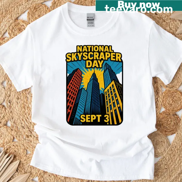 Comic retro city skyline graphic on a T-shirt celebrating skyscrapers