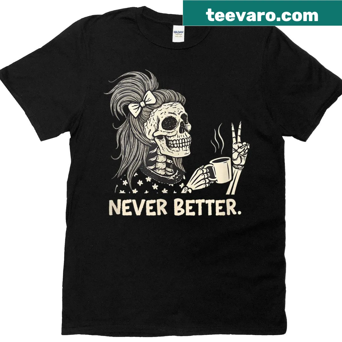 Playful skeleton enjoying coffee design for Halloween — on a men's t-shirt