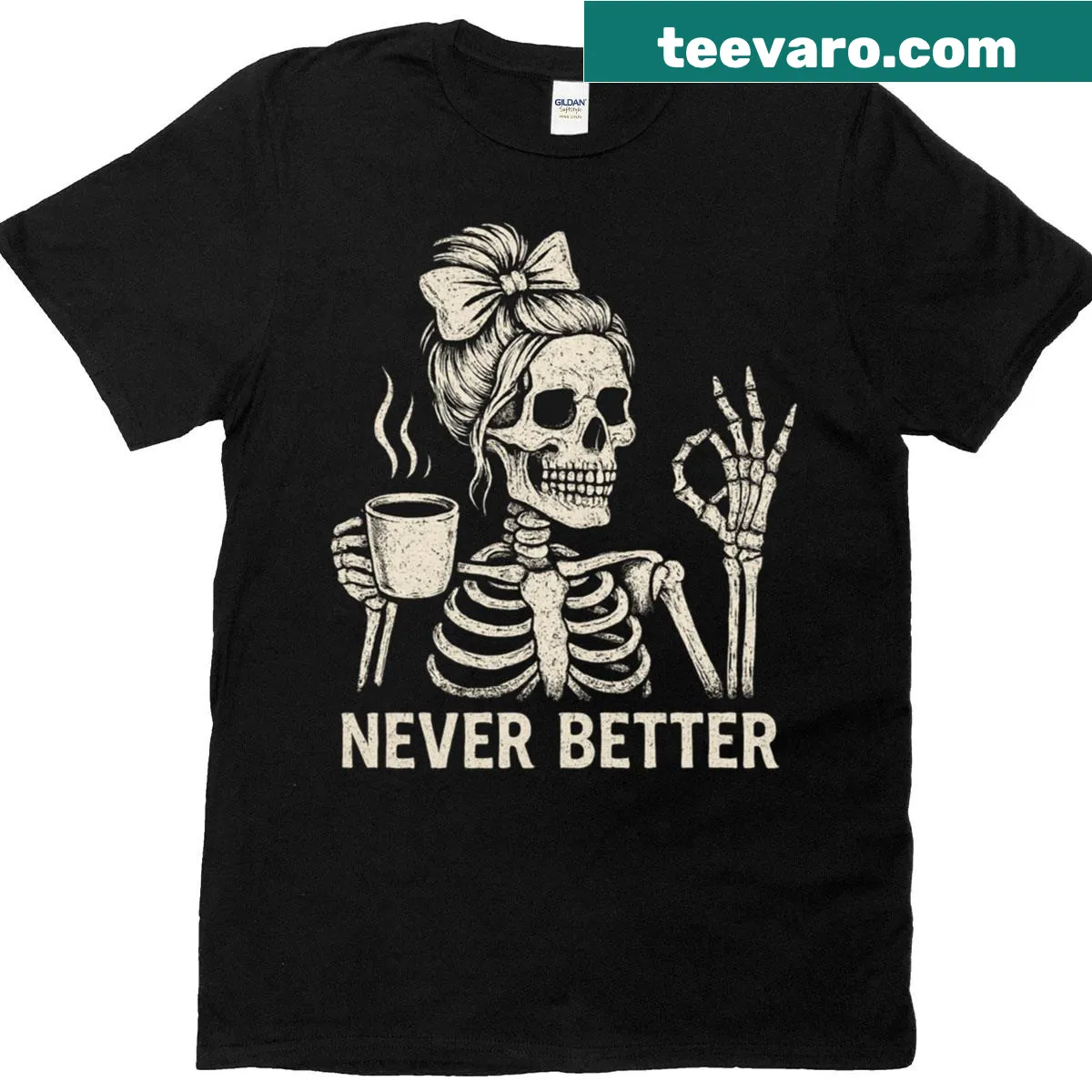 Skeleton coffee design with peace sign for Halloween — on a men's t-shirt