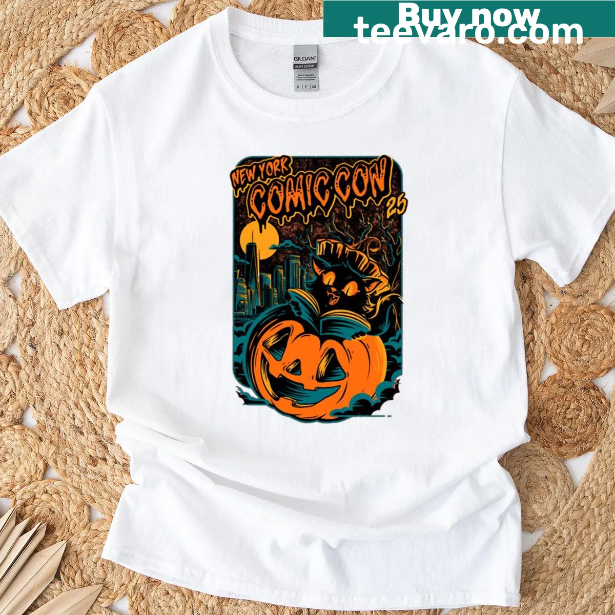 Graphic T-shirt celebrating New York Comic Con with comic-related illustrations — on a men's t-shirt
