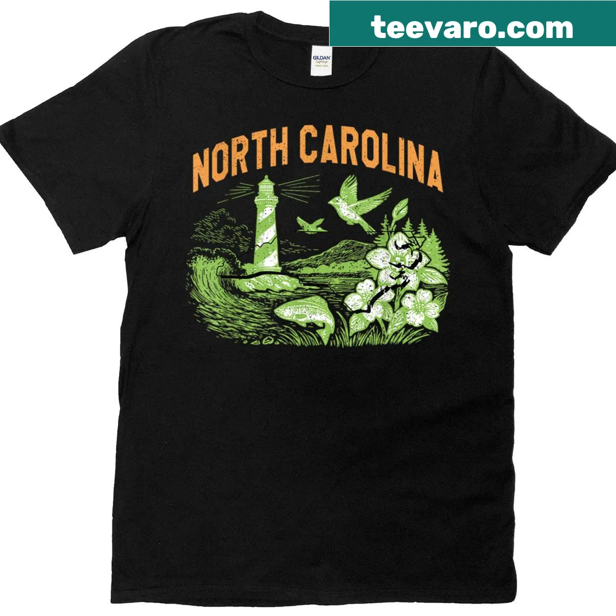 Vintage-style T-shirt featuring a North Carolina lighthouse and coastline landscape — on a men's t-shirt