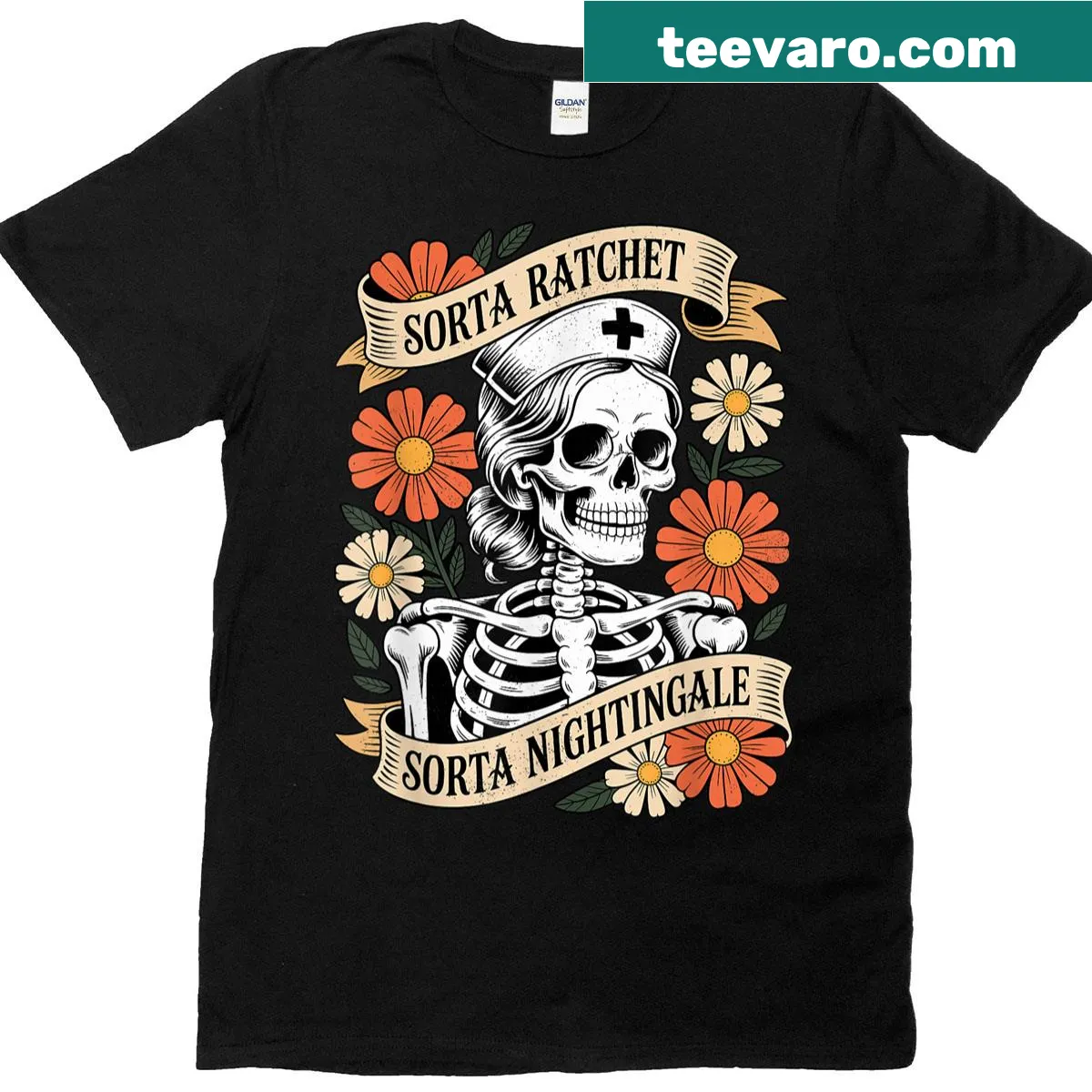 Skeleton nurse graphic on Halloween T-shirt with humor — on a men's t-shirt